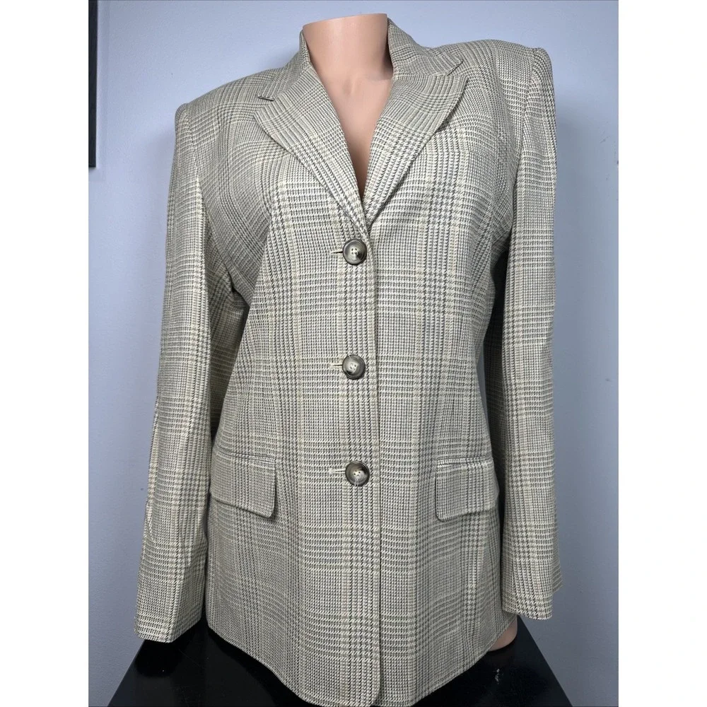 Vintage Talbots Blazer Womens Size 10 Beige Plaid Button Lined Silk Blend USA
